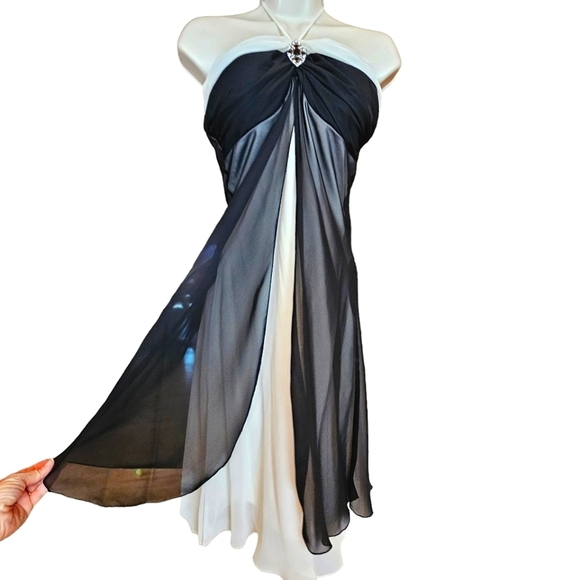 Bisou Bisou Semi-Sheer Ivory With Black Overlay Brooch Detail Cocktail Dress - Picture 1 of 15